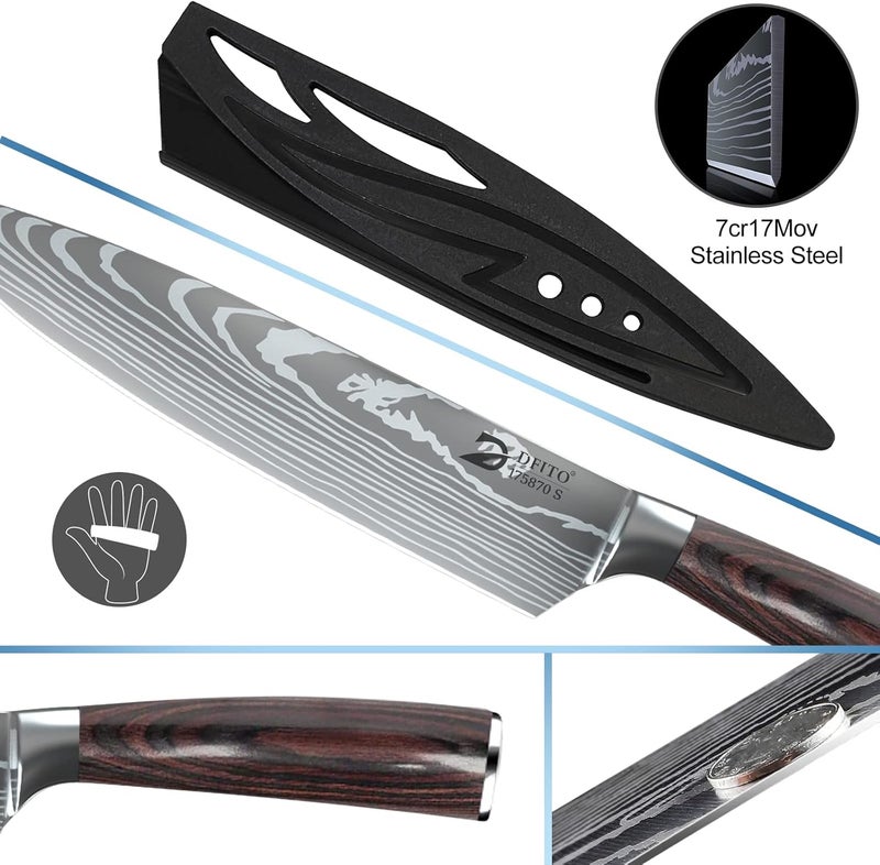 Dfito Chef Knife Sets with Roll Bag, 9 Pieces Professional Knife Set, High Carbon Stainless Steel Kitchen Chef Knife Set, Red Pakkawood Handle, Dishwasher Safe - Image 4